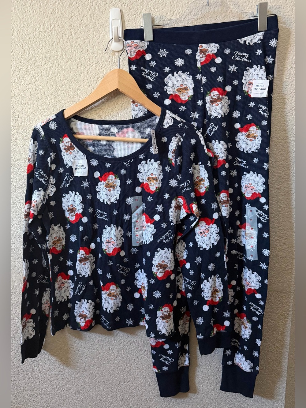 Old Navy Women’s Sz Medium Blue Cotton Santa Face Long Sleeve Thermal Pajama Set